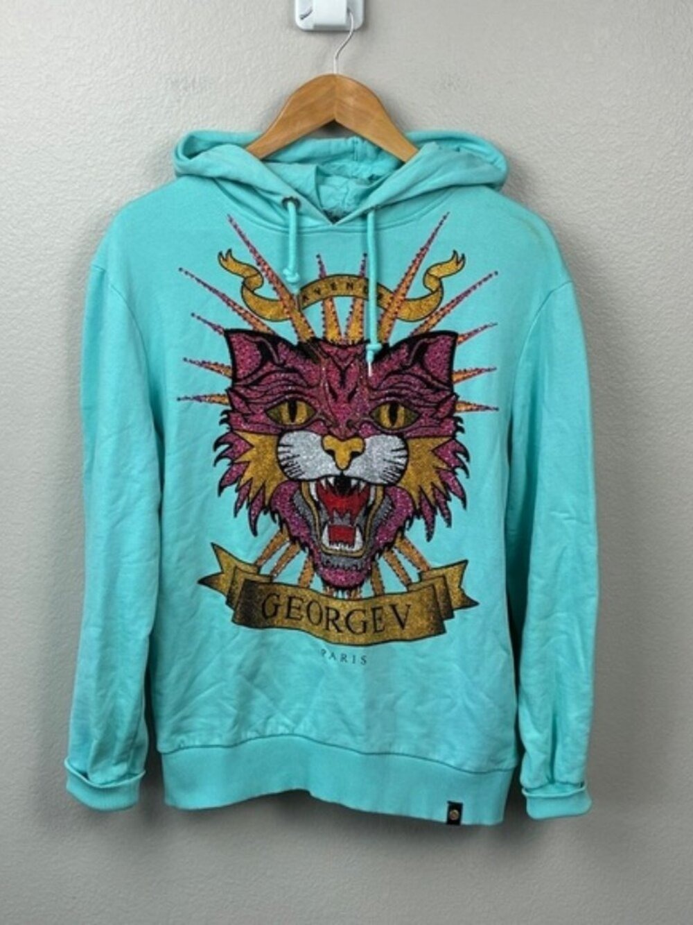 Avenue George V GV Paris Rhinestone Tiger Hoodie Aqua Blue Luxe Sweatshirt L